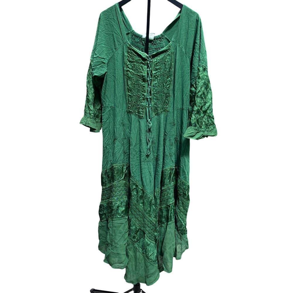 🌿 Holy Clothing Embroidered Lace-Up Dress | 3X | Emerald Green